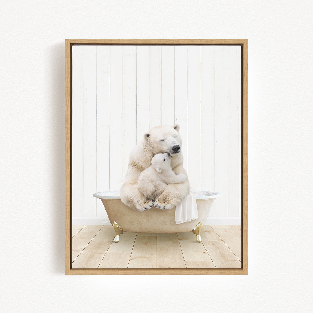 A polar bear and its cub sitting in a bathtub, with the bear's head resting on the cub's body.
