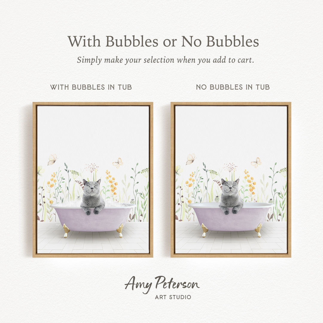 The image is a framed print featuring a cat sitting in a bathtub with flowers and butterflies in the background. The cat appears to be looking at the camera. The print has a simple, clean design with a white background and a gold frame.