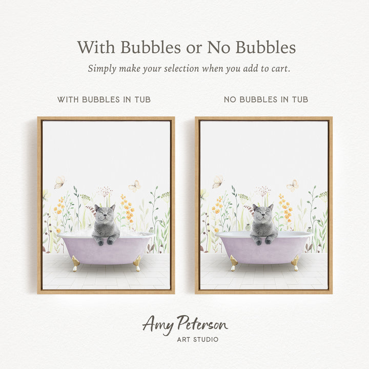 The image is a framed print featuring a cat sitting in a bathtub with flowers and butterflies in the background. The cat appears to be looking at the camera. The print has a simple, clean design with a white background and a gold frame.