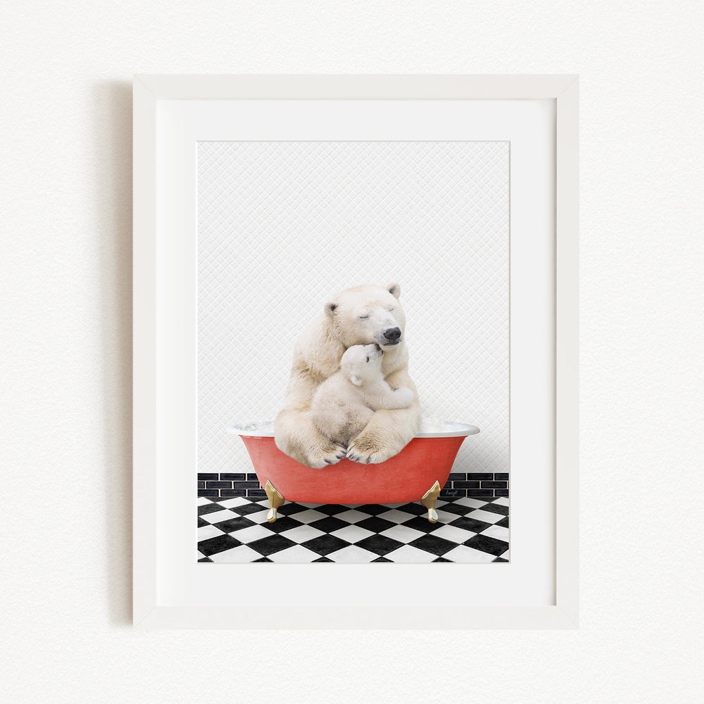 A polar bear and its cub sitting together in a red bathtub, with a black and white checkered floor beneath them.