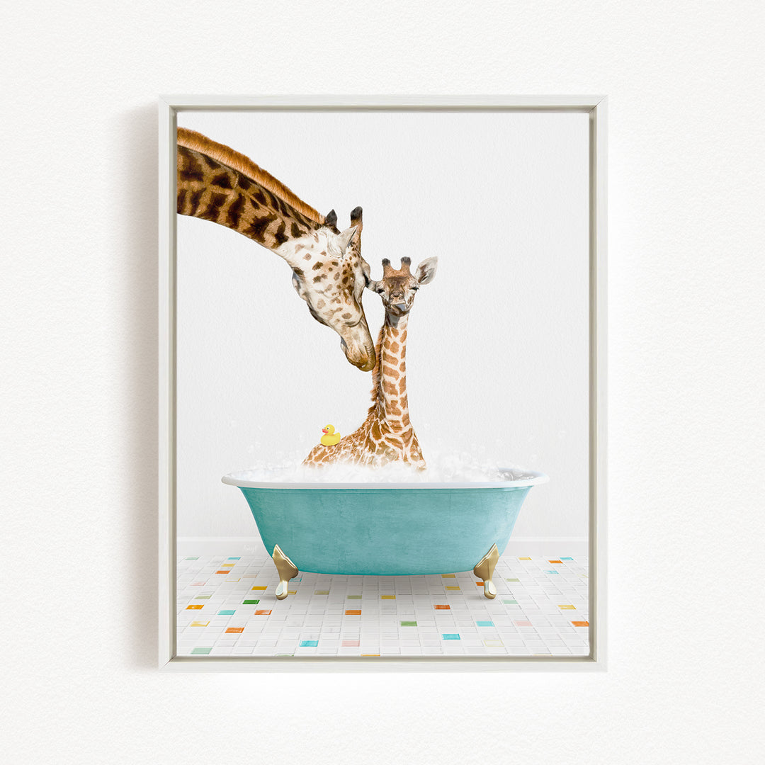 A mother giraffe and her baby giraffe are enjoying a bath together in a blue tub, surrounded by a colorful tiled floor.