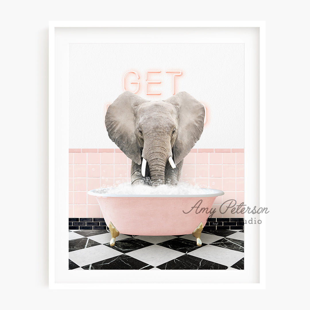 an elephant standing in a bathtub with the word get above it