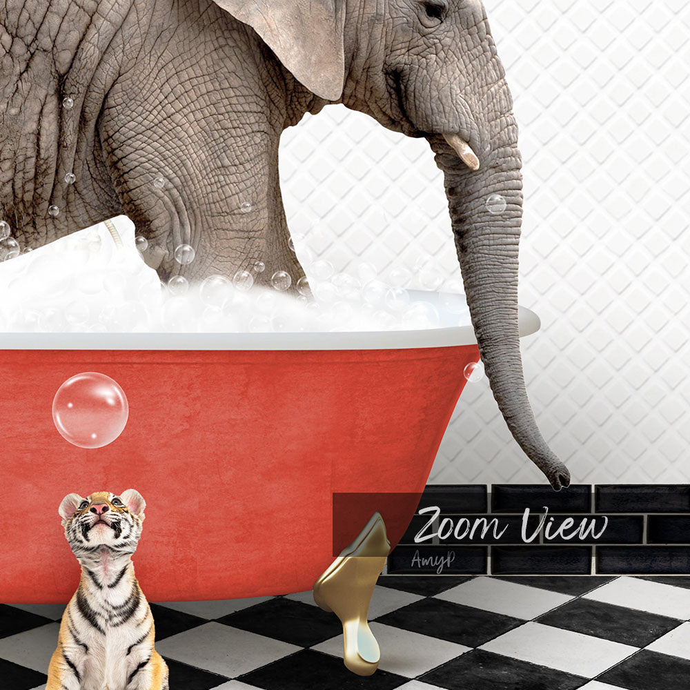 A large elephant is bathing in a red bathtub, with a tiger standing nearby and a red and white checkered floor in the foreground.