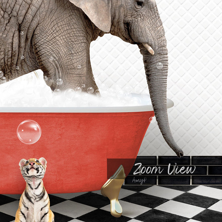 A large elephant is bathing in a red bathtub, with a tiger standing nearby and a red and white checkered floor in the foreground.