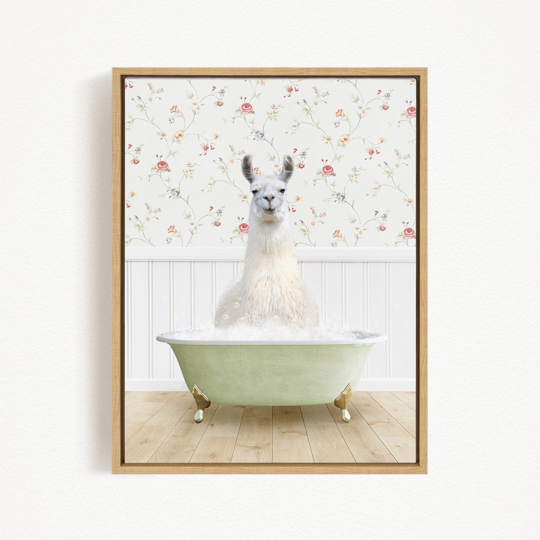 A white llama sitting in a green bathtub filled with bubbles, with a floral wallpaper in the background.