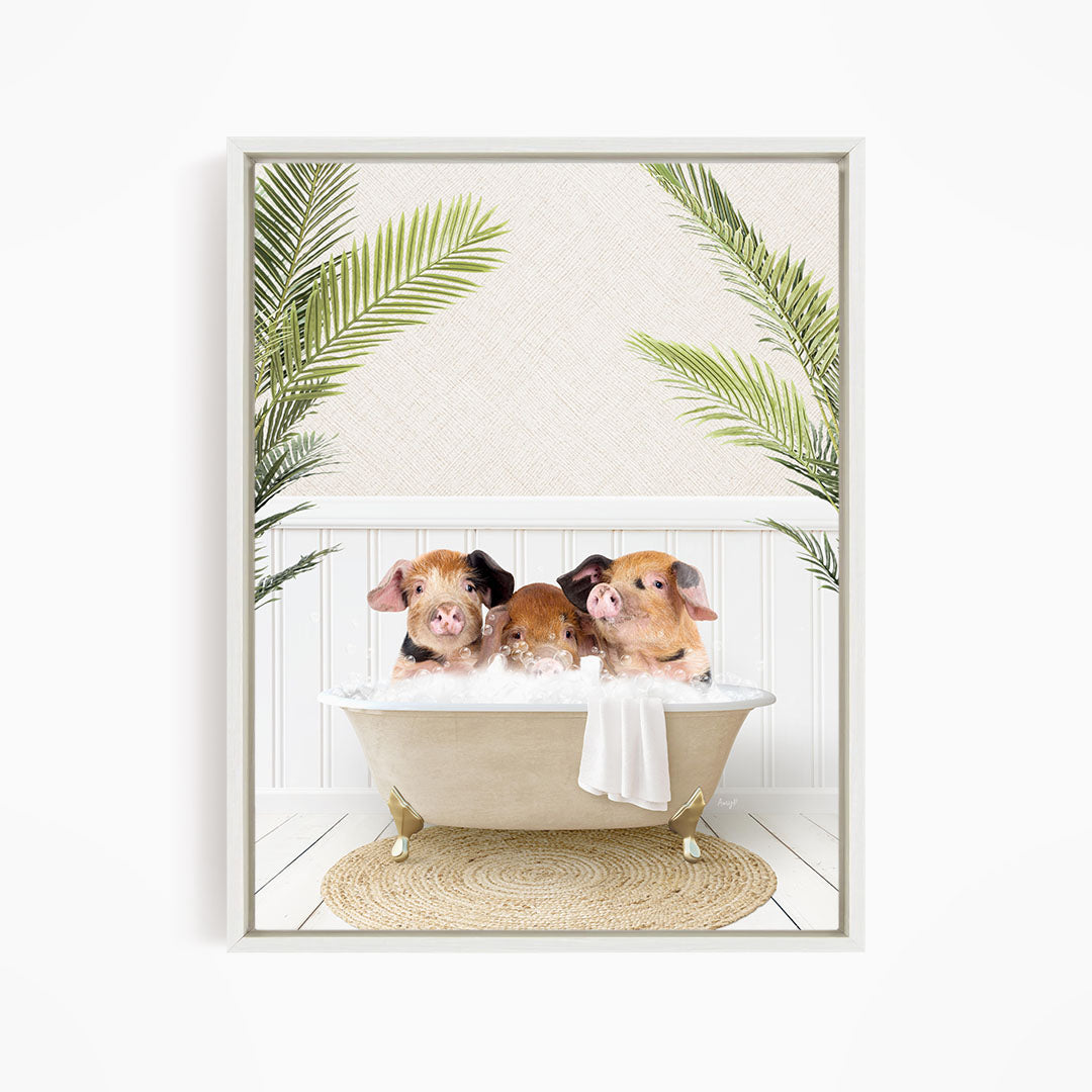 Three adorable pigs sitting in a bathtub, surrounded by lush green palm leaves.