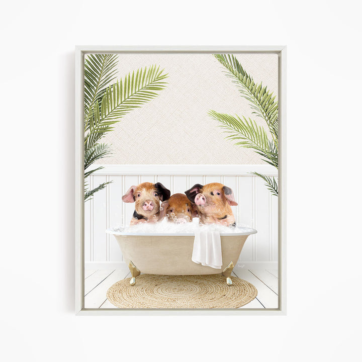 Three adorable pigs sitting in a bathtub, surrounded by lush green palm leaves.