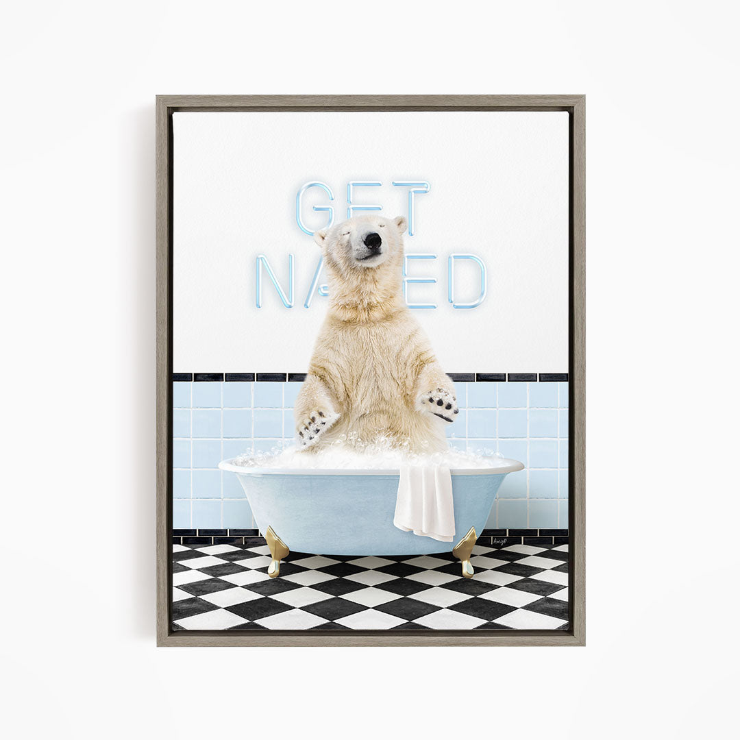 A polar bear sitting in a bathtub with a towel draped over its back, surrounded by a checkered floor and a sign that says "GET NAKED".