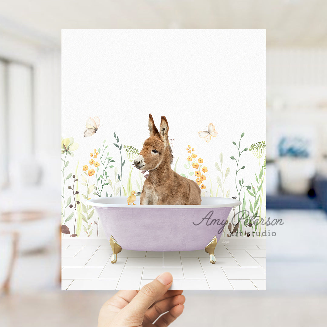 a person holding a card with a dog in a bathtub