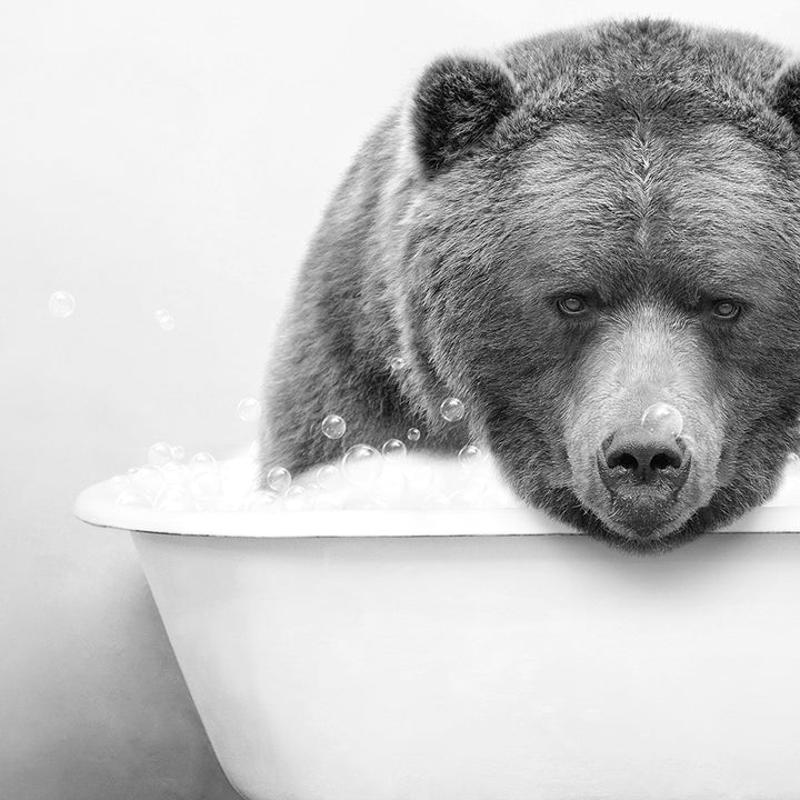 a black and white photo of a bear in a bathtub