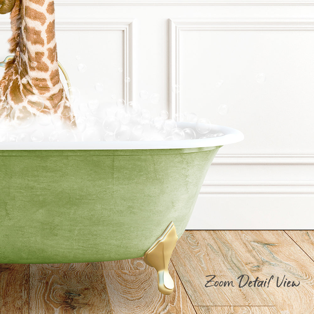 A green claw-foot bathtub filled with bubbles, with a giraffe's head partially submerged in the water.