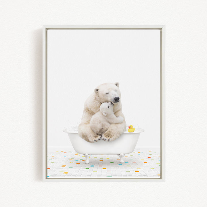 A polar bear and a cub are sitting together in a bathtub, with a rubber duck floating on the water.