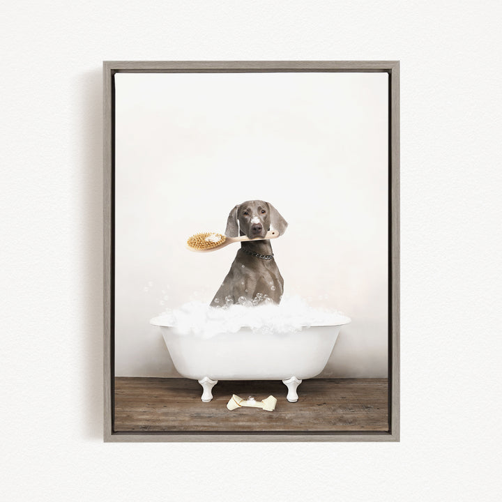A dog sitting in a white bathtub, holding a brush in its mouth.