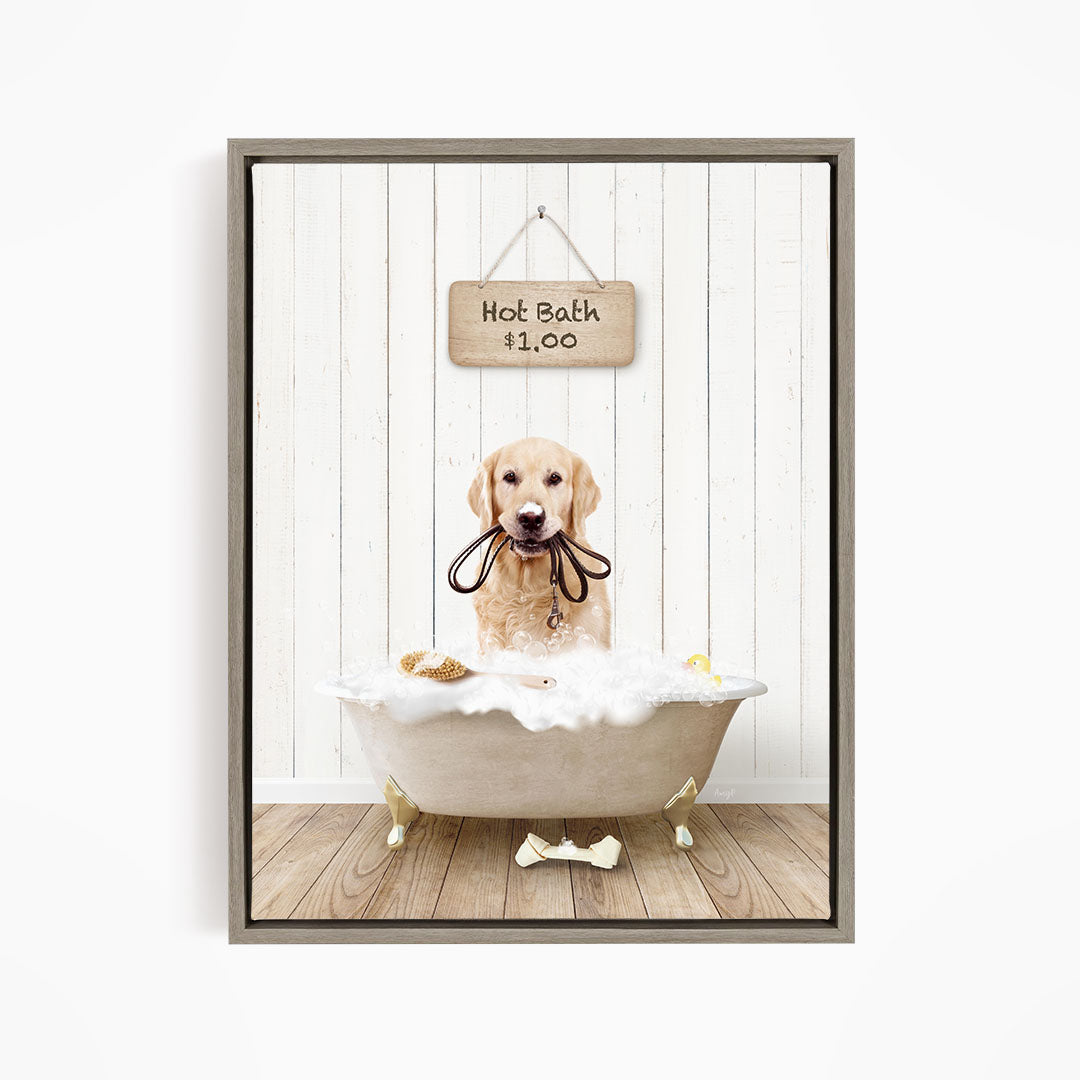 A golden retriever dog sitting in a bathtub filled with bubbles, with a sign above the tub indicating a hot bath for $1.00.
