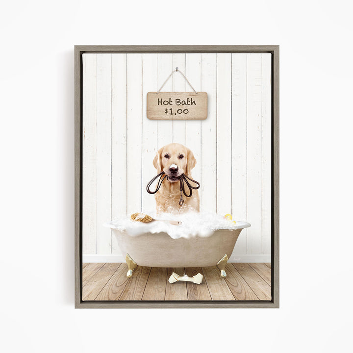 A golden retriever dog sitting in a bathtub filled with bubbles, with a sign above the tub indicating a hot bath for $1.00.