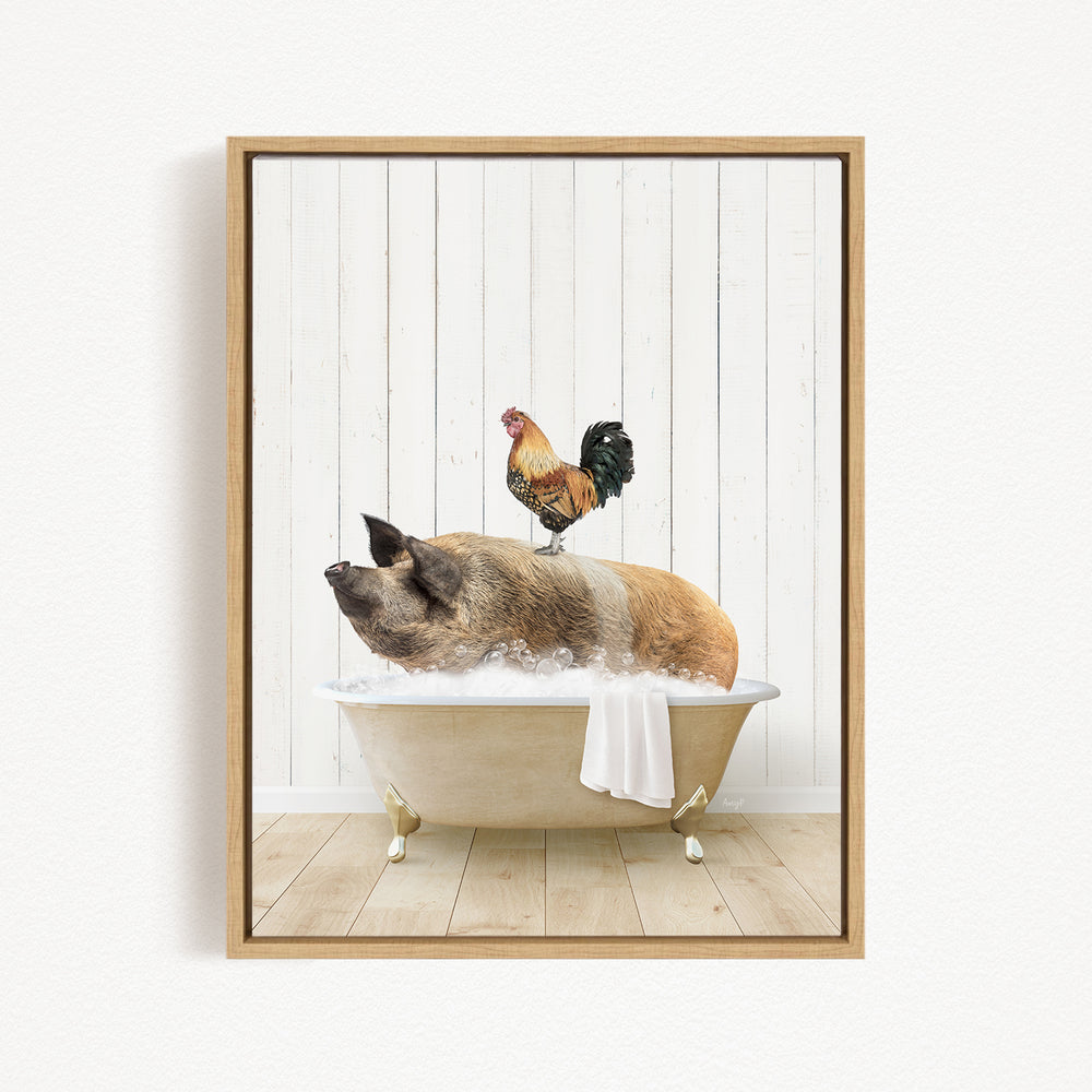A rooster sits atop a pig lying in a bathtub filled with water, creating a whimsical and humorous scene.