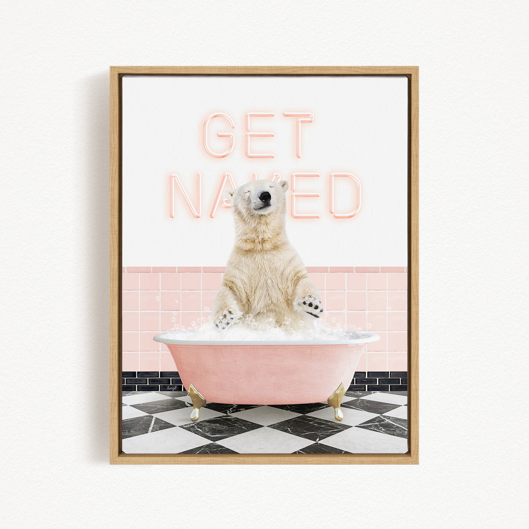 A polar bear sitting in a pink bathtub with the text "GET NAUGED" written on the wall behind it.