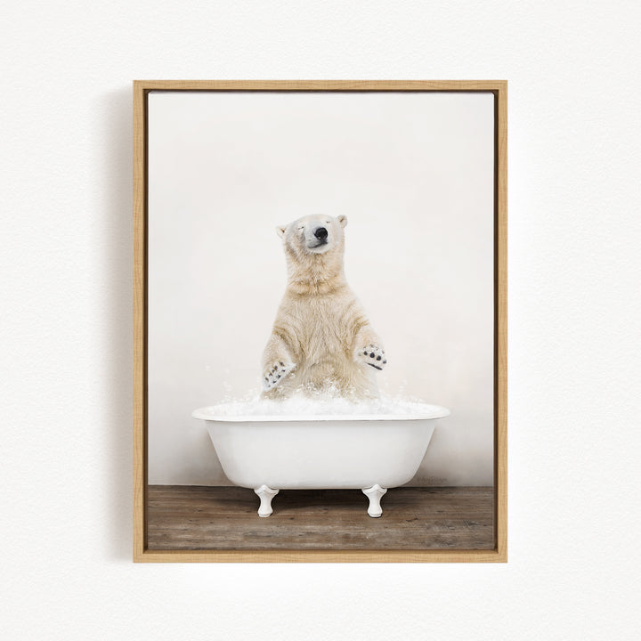 A polar bear standing in a white bathtub filled with water, with its paws raised in the air.