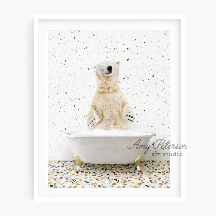 a polar bear sitting in a bath tub