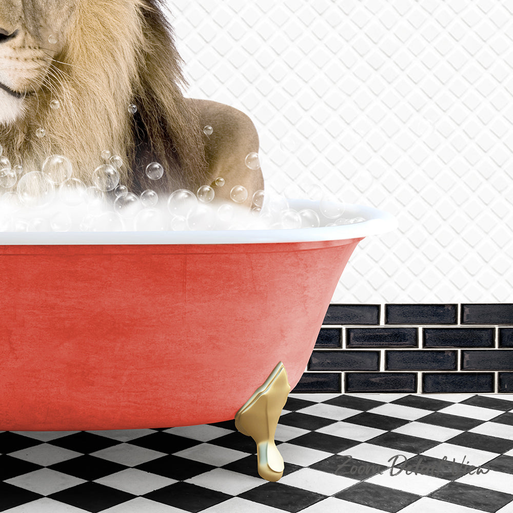 A lion is sitting in a red bathtub filled with bubbles, surrounded by a black and white checkered floor.