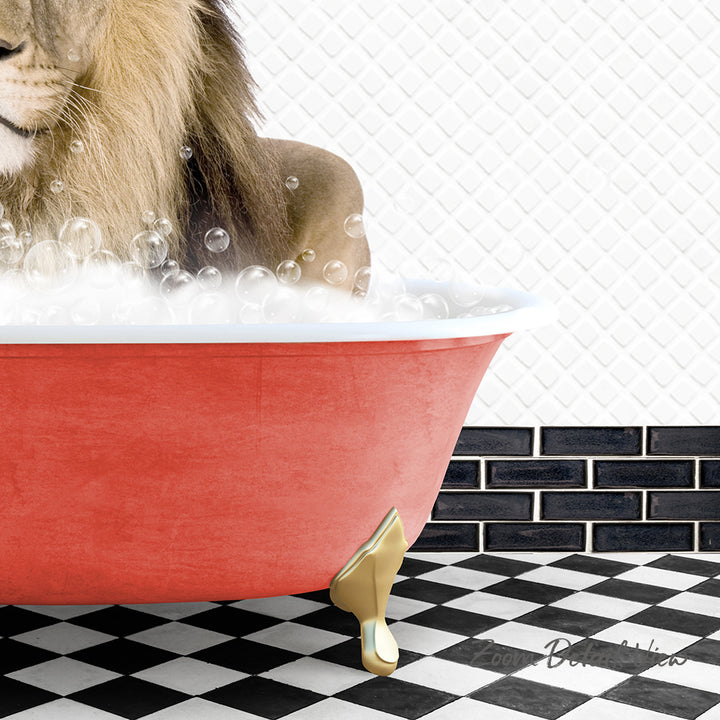 A lion is sitting in a red bathtub filled with bubbles, surrounded by a black and white checkered floor.