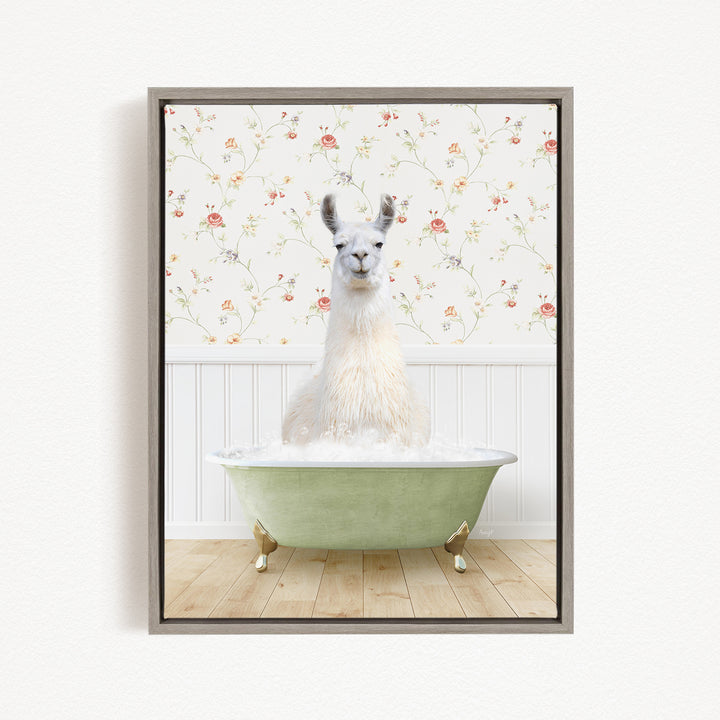 A white llama sitting in a green bathtub filled with bubbles, with a floral wallpaper in the background.