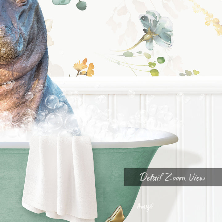A close-up of a bathtub filled with bubbles, with a towel draped over the side and a floral pattern on the wall behind it.