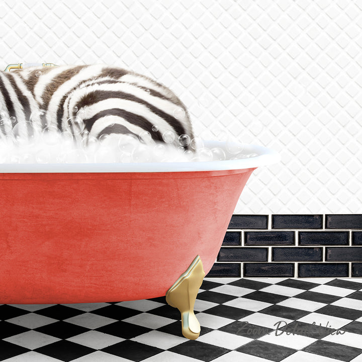 A zebra standing in a red bathtub filled with bubbles, with a black and white checkered floor and a black and white tiled wall in the background.
