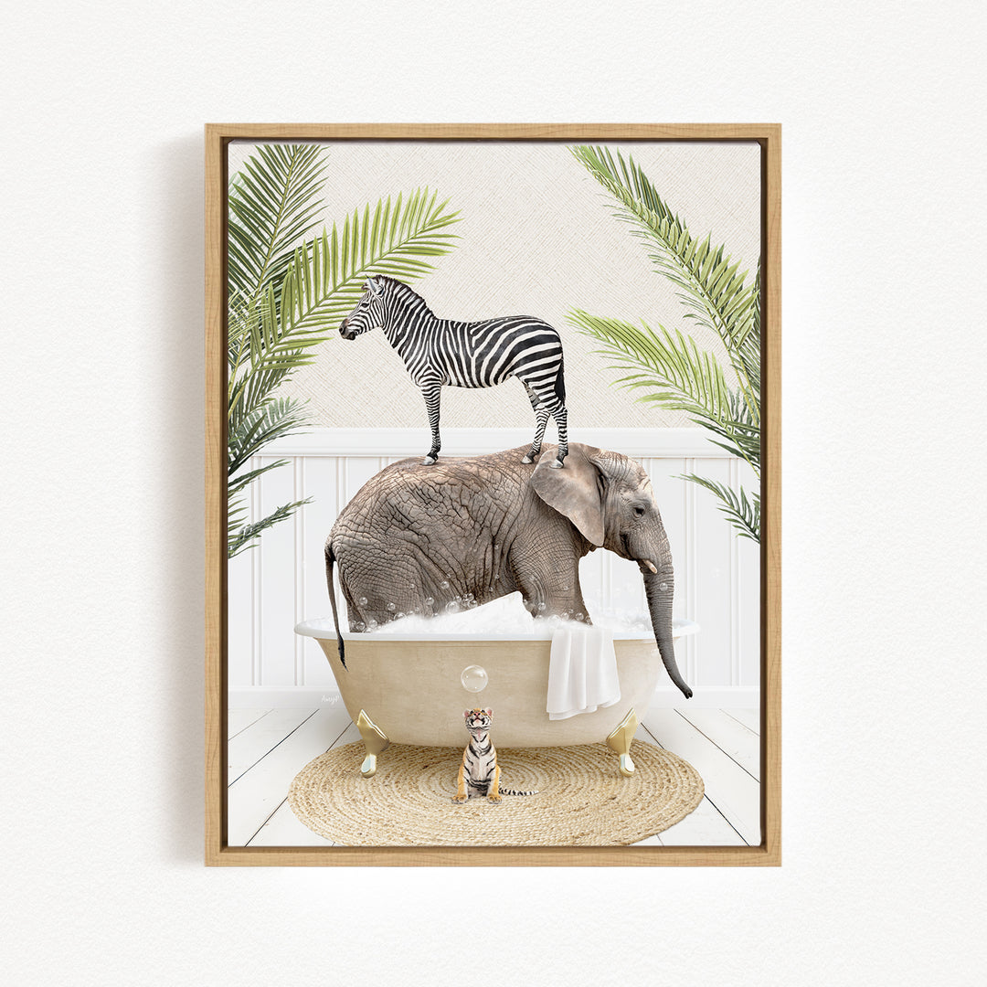 A zebra stands atop an elephant in a bathtub, surrounded by palm leaves, with a small tiger sitting on the edge of the tub.
