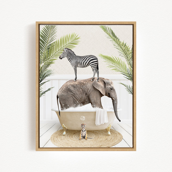 A zebra stands atop an elephant in a bathtub, surrounded by palm leaves, with a small tiger sitting on the edge of the tub.