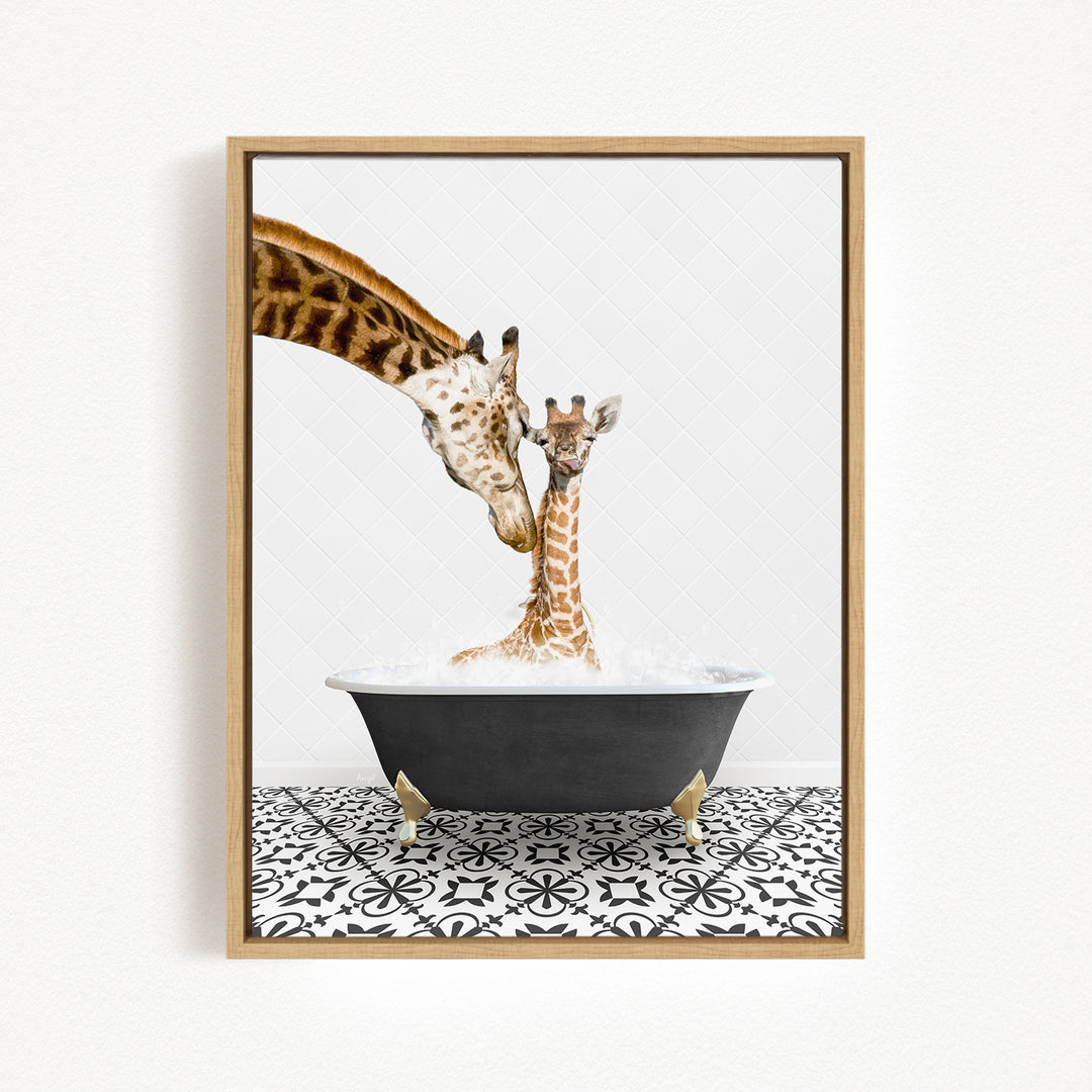 A mother giraffe and her baby giraffe are enjoying a relaxing bath together in a black bathtub, with a black and white patterned floor beneath them.