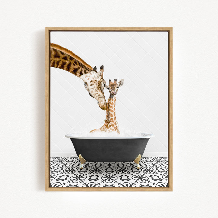 A mother giraffe and her baby giraffe are enjoying a relaxing bath together in a black bathtub, with a black and white patterned floor beneath them.