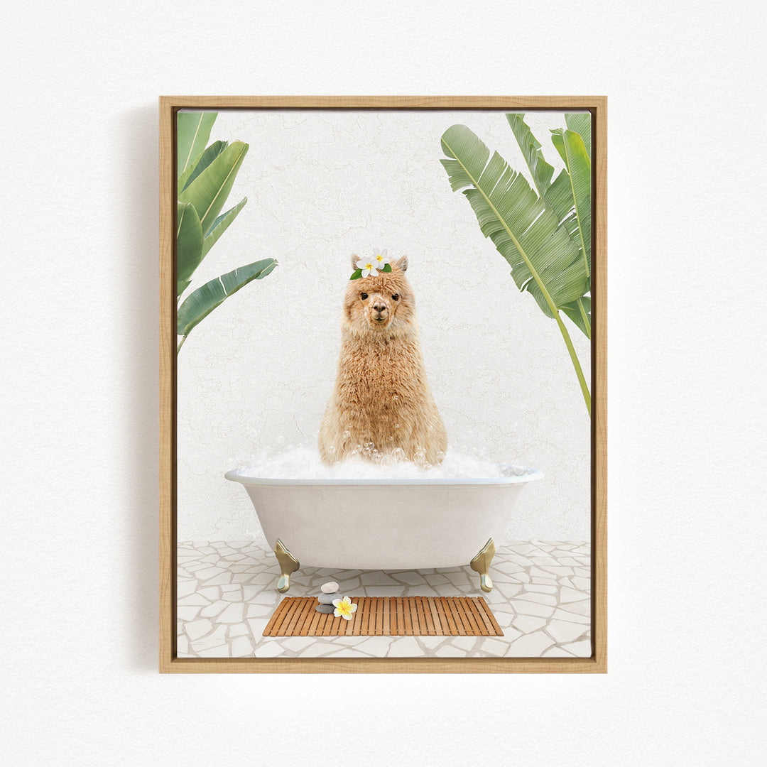 A fluffy brown dog is sitting in a white bathtub filled with bubbles, surrounded by tropical plants and a wooden mat on the floor.