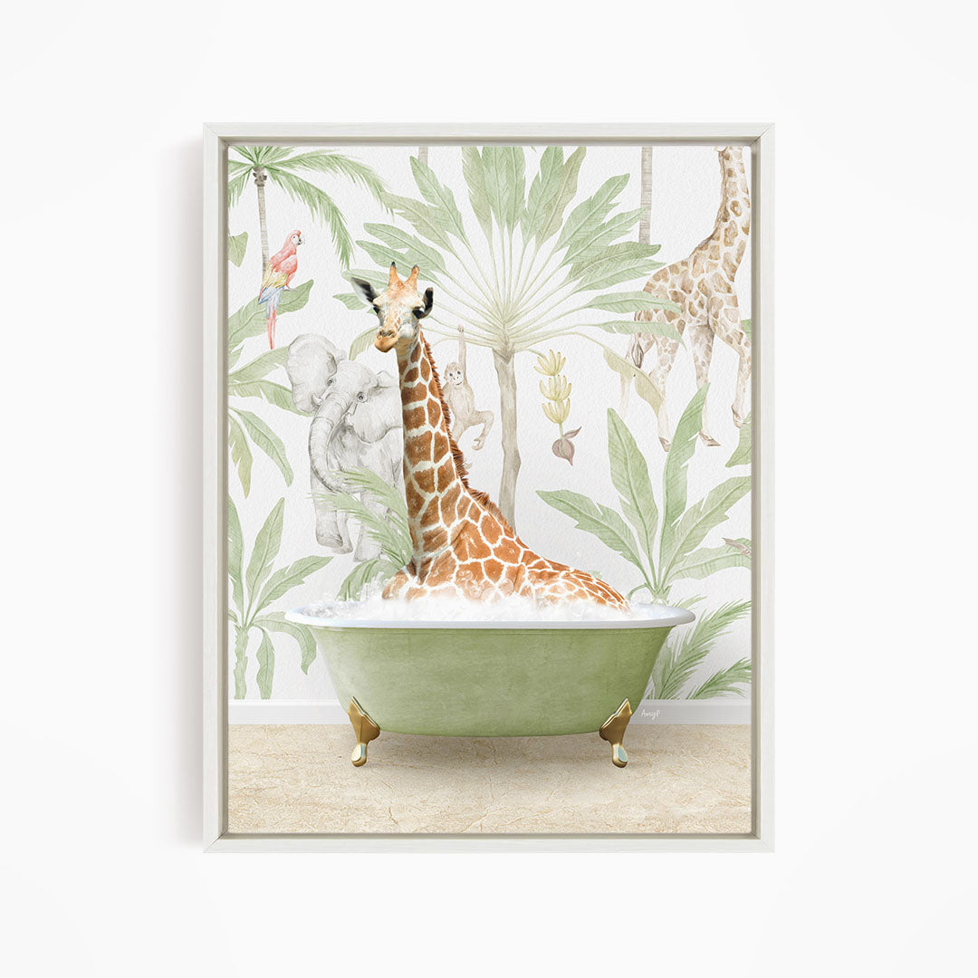 A giraffe sitting in a green bathtub surrounded by tropical foliage, including palm trees and other animals.