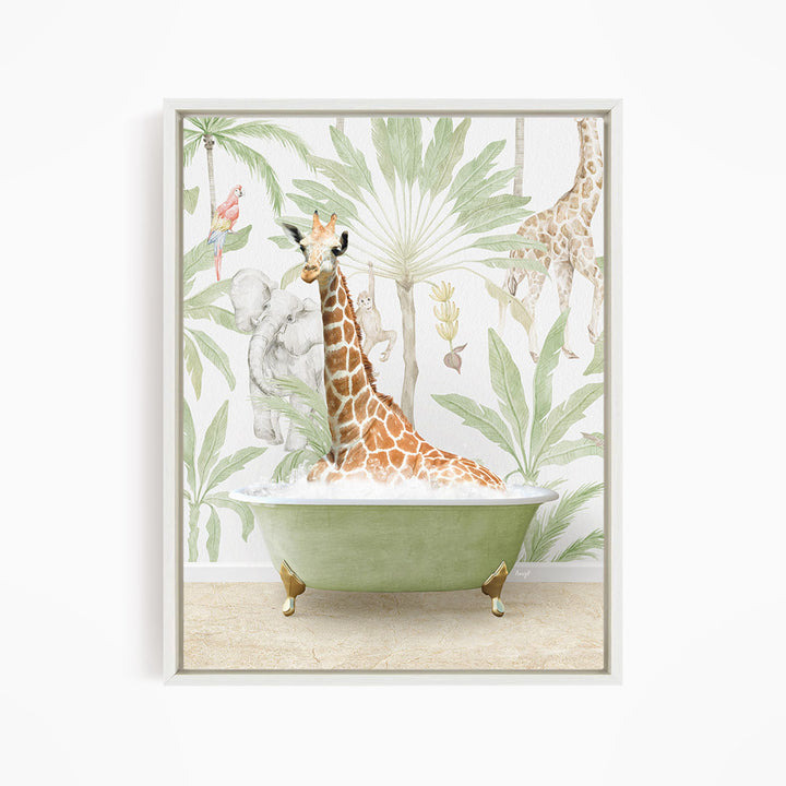 A giraffe sitting in a green bathtub surrounded by tropical foliage, including palm trees and other animals.