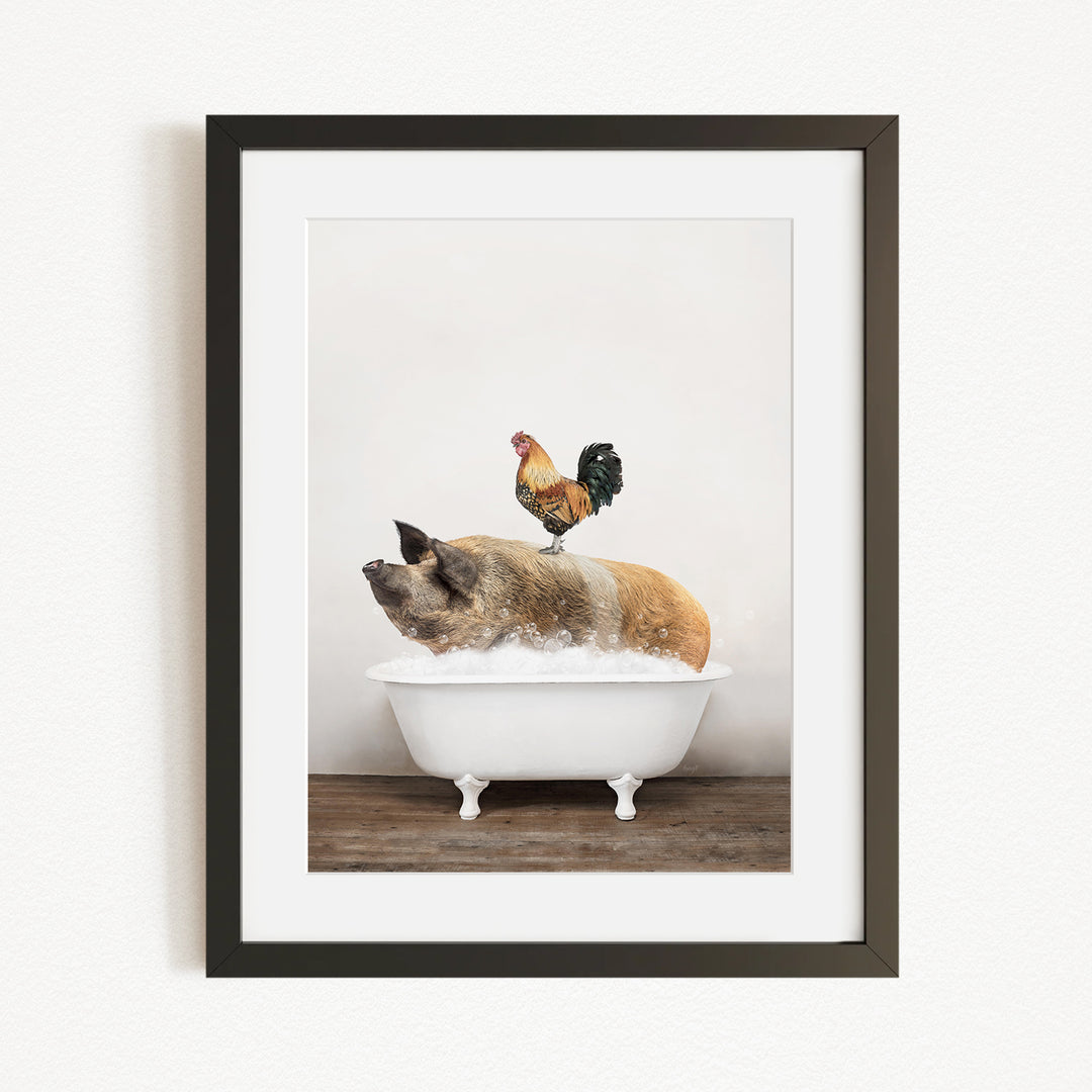 A rooster stands on a pig's back while the pig is sitting in a bathtub filled with water.