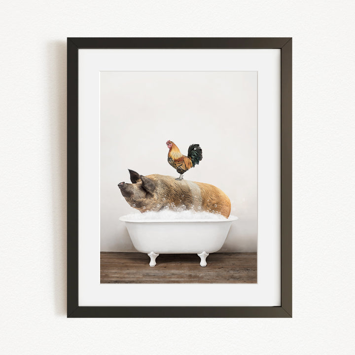 A rooster stands on a pig's back while the pig is sitting in a bathtub filled with water.
