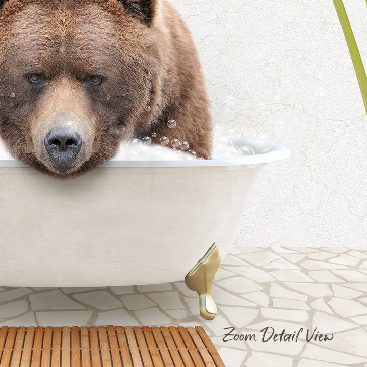 A brown bear is sitting in a white bathtub filled with bubbles, appearing to enjoy a relaxing bath.