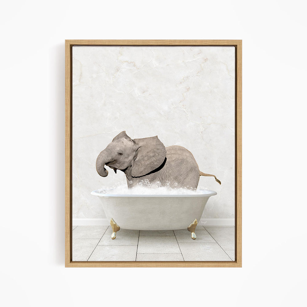 A gray elephant is sitting in a white bathtub filled with water, creating a whimsical and playful scene.