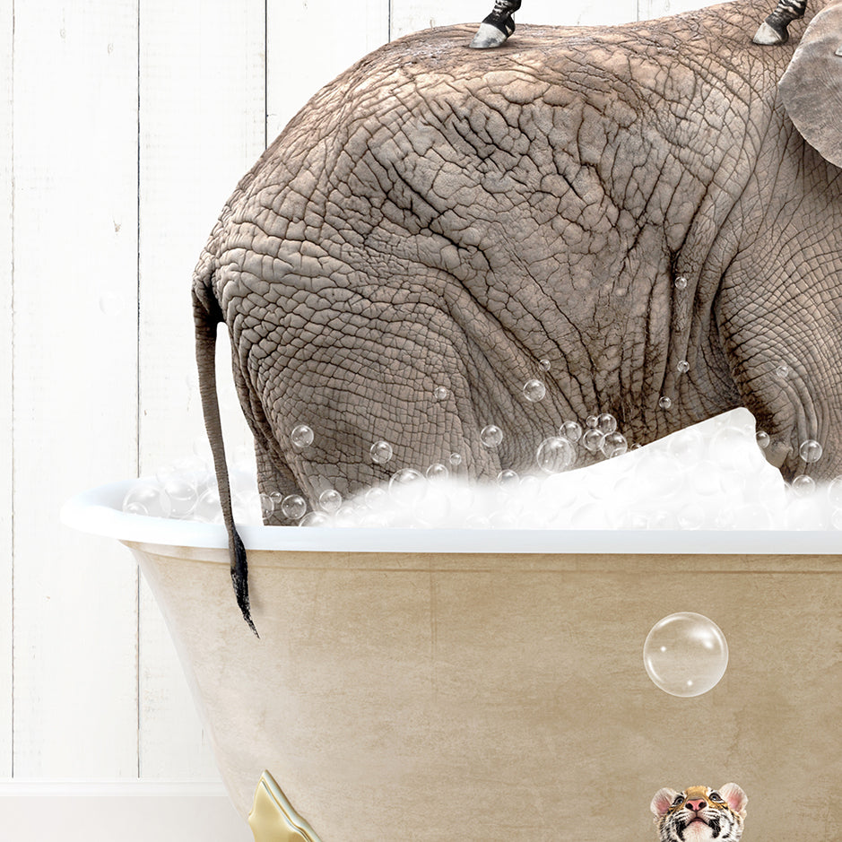 an elephant is taking a bath in a bathtub