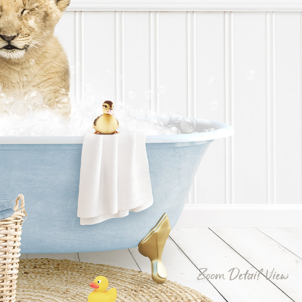 A light blue bathtub filled with bubbles, with a small yellow rubber duck sitting on the edge and a small brown bird figurine perched on the edge of the tub.