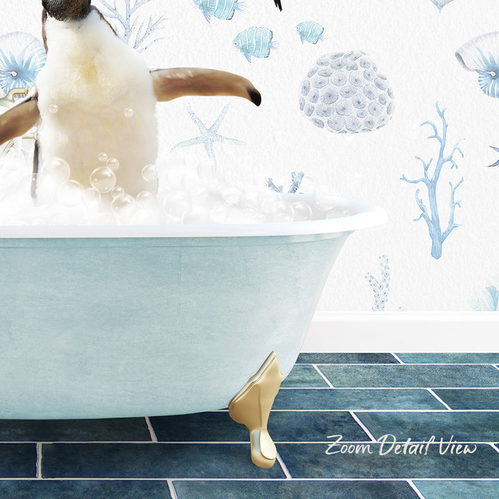 A cat sitting in a bathtub filled with bubbles, surrounded by a blue and white ocean-themed wallpaper.