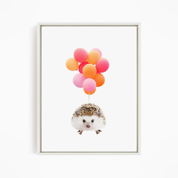 A cute hedgehog is floating in the air, surrounded by a bunch of colorful balloons.