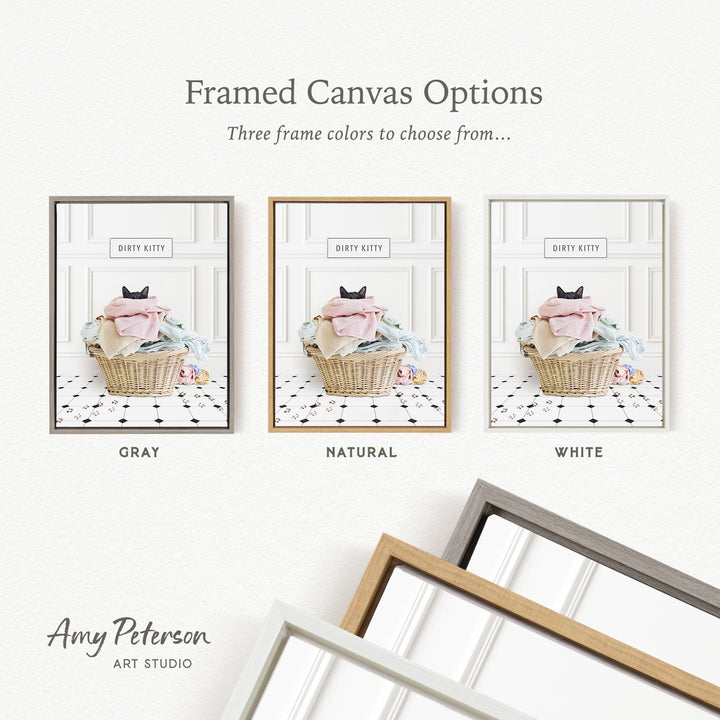 three framed canvas options, each with a different color: gray, natural, and white. The text above the images reads " framed Canvas Options Three frame colors to choose from...".