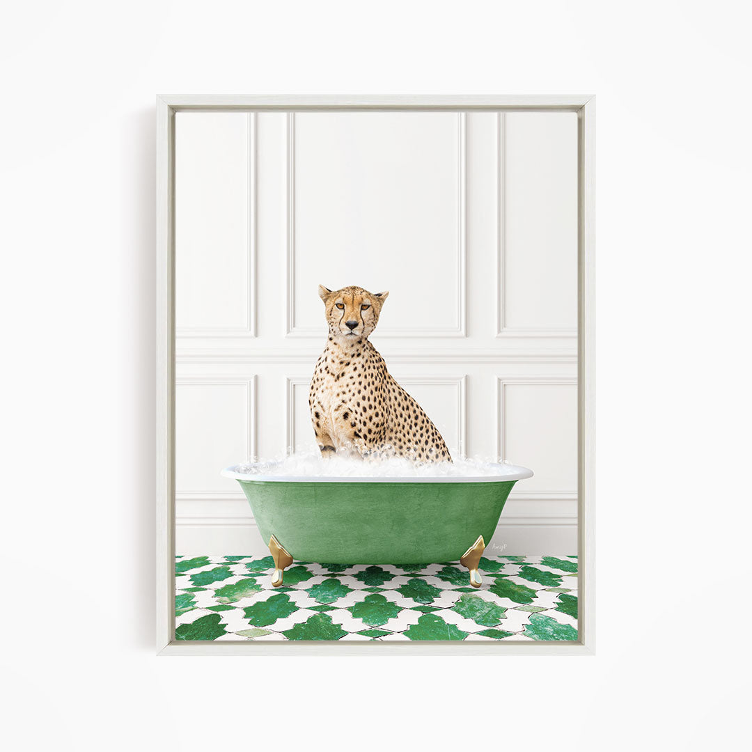 A cheetah sitting in a green bathtub filled with water, surrounded by a green and white patterned floor.