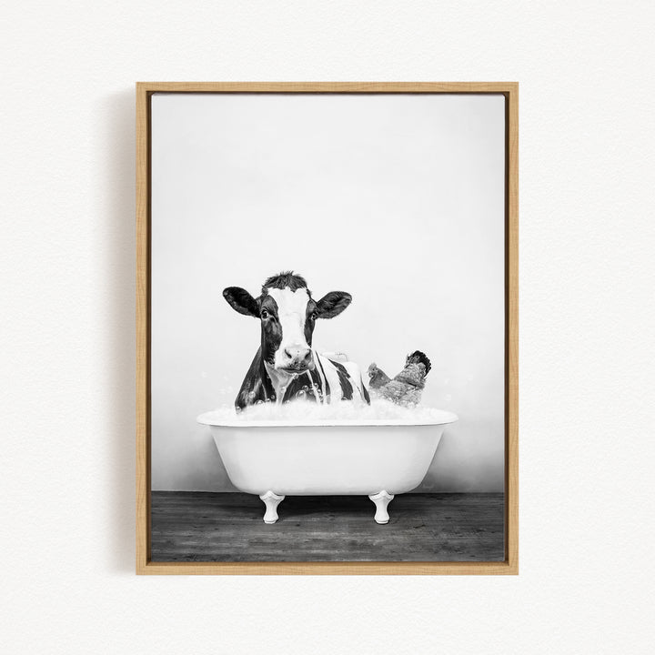 A black and white image of a cow sitting in a bathtub, with a chicken standing nearby.