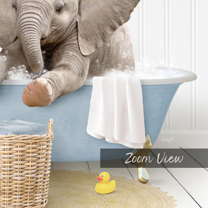 A baby elephant sitting in a blue bathtub, surrounded by a yellow rubber duck and a white towel, with a basket nearby.