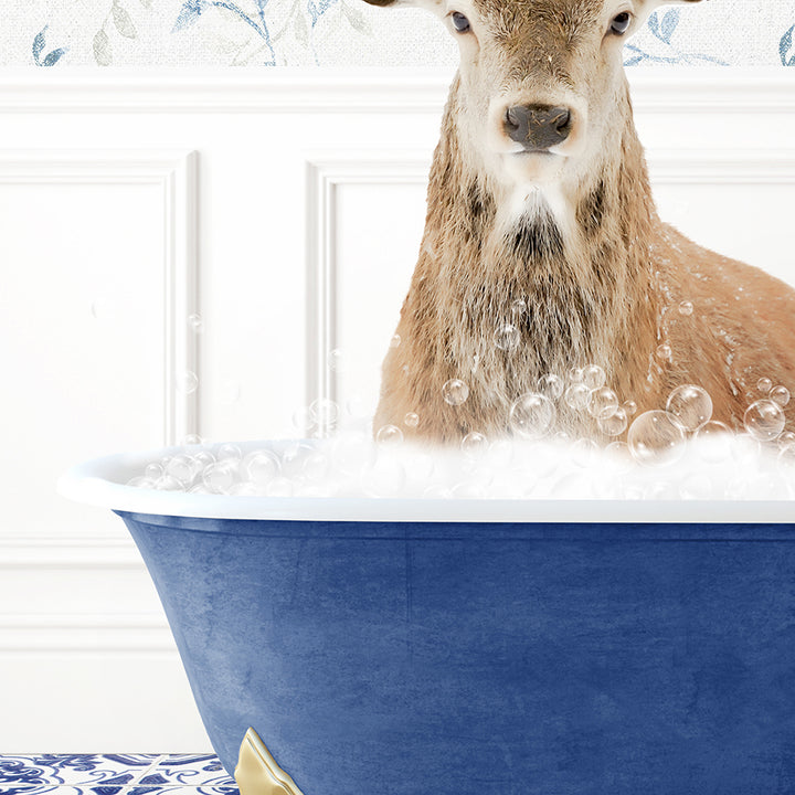 a deer in a bathtub with bubbles of water