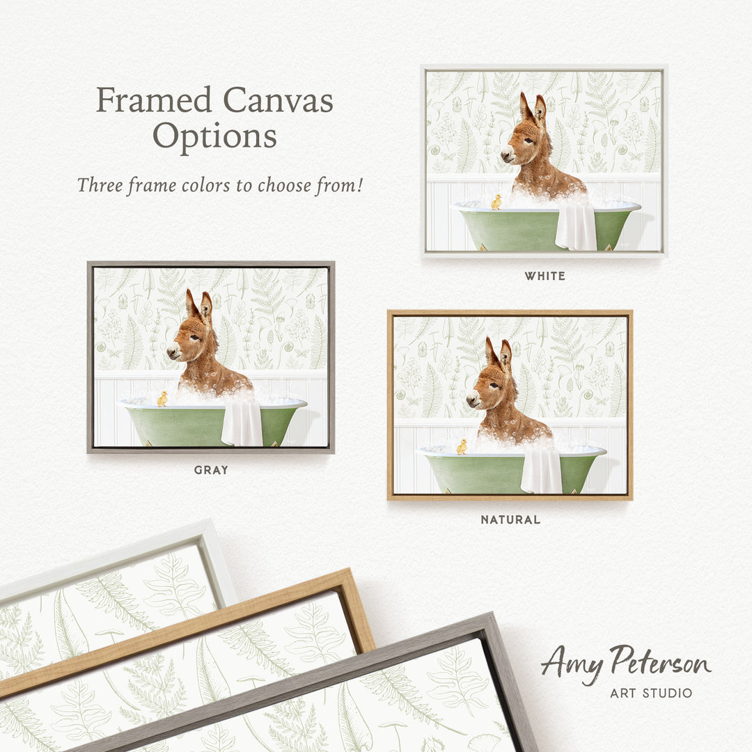 The image is a framed canvas with three different options for the color of the frame: white, gray, and natural. The canvas features a dog sitting in a bathtub, and the frame colors are white, gray, and natural.