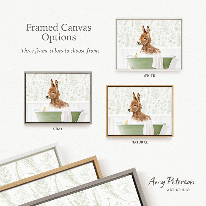The image is a framed canvas with three different options for the color of the frame: white, gray, and natural. The canvas features a dog sitting in a bathtub, and the frame colors are white, gray, and natural.